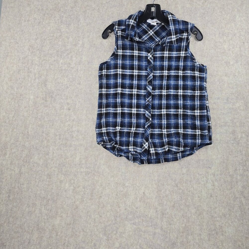 Sans Souci Women’s Sleeveless Plaid Button-Up Shirt Blue & White 100% Cotton